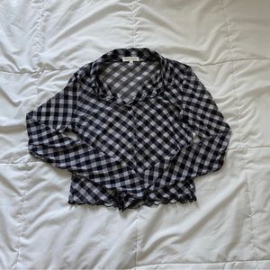 checkered/gingham long sleeve mesh button up top